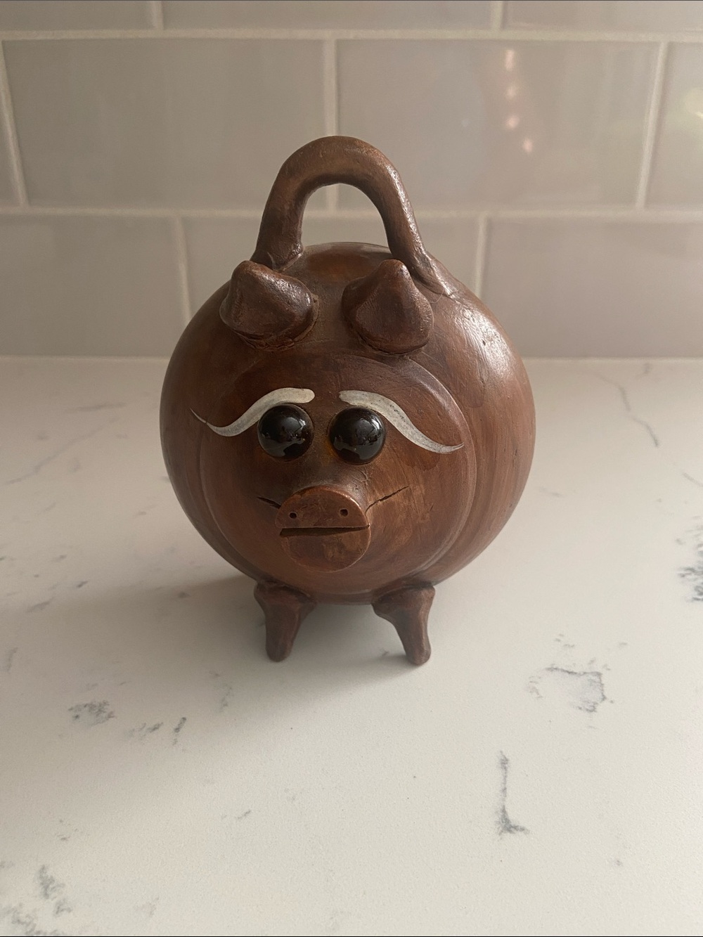 Vintage Handmade Pottery Piggy Bank Glass Eyes Folk Art